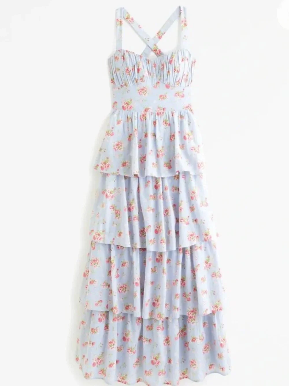 Abercrombie & Fitch tiered maxi dress with lace up back in blue floral Large